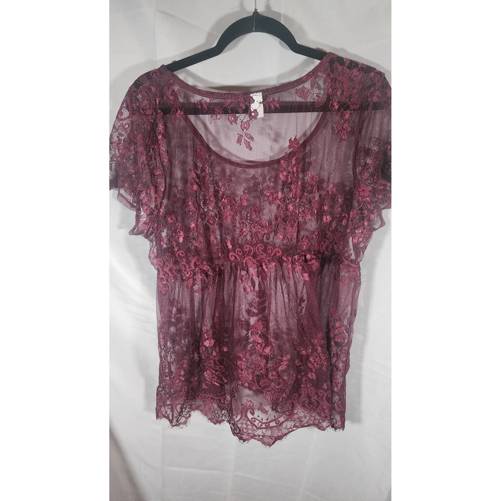 Torrid Womens Sheer Floral Lace Babydoll Top Burgundy Whimsigoth Boho Plus 1 - Picture 2 of 3